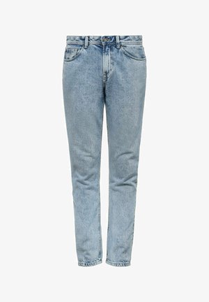 Jasnoniebieskie dżinsy z prostą nogawką, pięcioma kieszeniami, szlufkami na pasek i czystym wykończeniem przy mankietach. Minimalne ślady blaknięcia na całej powierzchni.