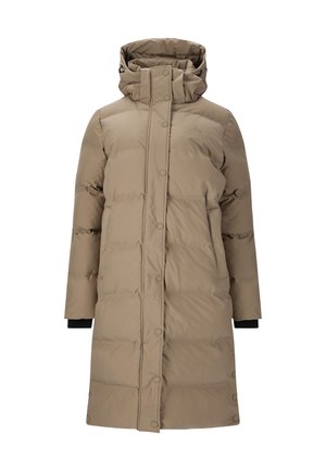 Beige puffertjakke med høj krave, lynlåslukning og trykknap, sidelommer og elastiske ærmeafslutninger. Har en quiltet tekstur.