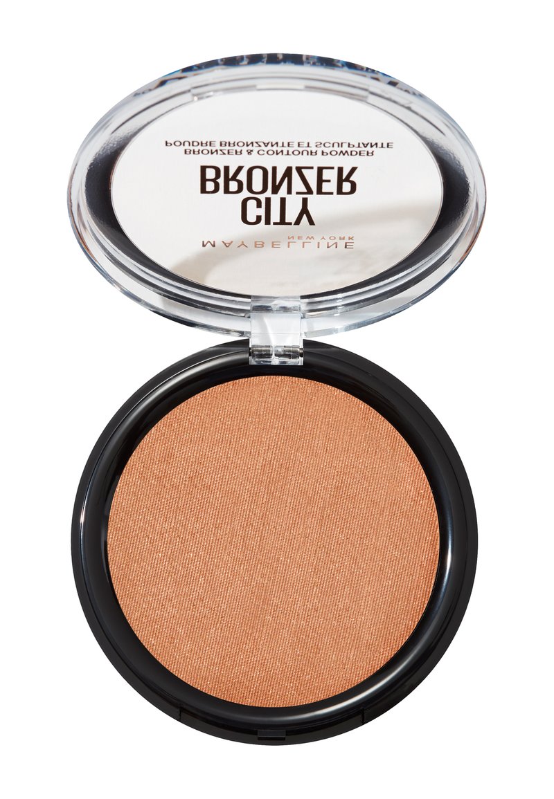 Kompakt bronzer med en slät, texturerad yta i varm bronston. Rund svart plastförpackning med ett genomskinligt lock som visar varumärket.