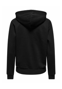 Sweat à capuche noir vu de dos avec manches longues, poignets côtelés et ourlet côtelé sur fond blanc.