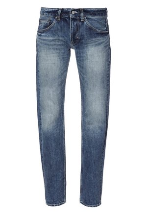 Niebieskie dżinsy o wąskim kroju z wyblakłym efektem, z przodu guziki, zamek błyskawiczny, szlufki na pasek oraz pięć kieszeni na białym tle.