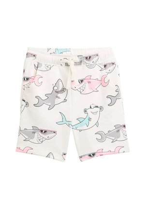Sharks-musterte Shorts aus leichtem Material. Mit einem Kordelzugbund, mehreren Haifischdesigns in Grau, Pink und Blau auf einem weißen Hintergrund.
