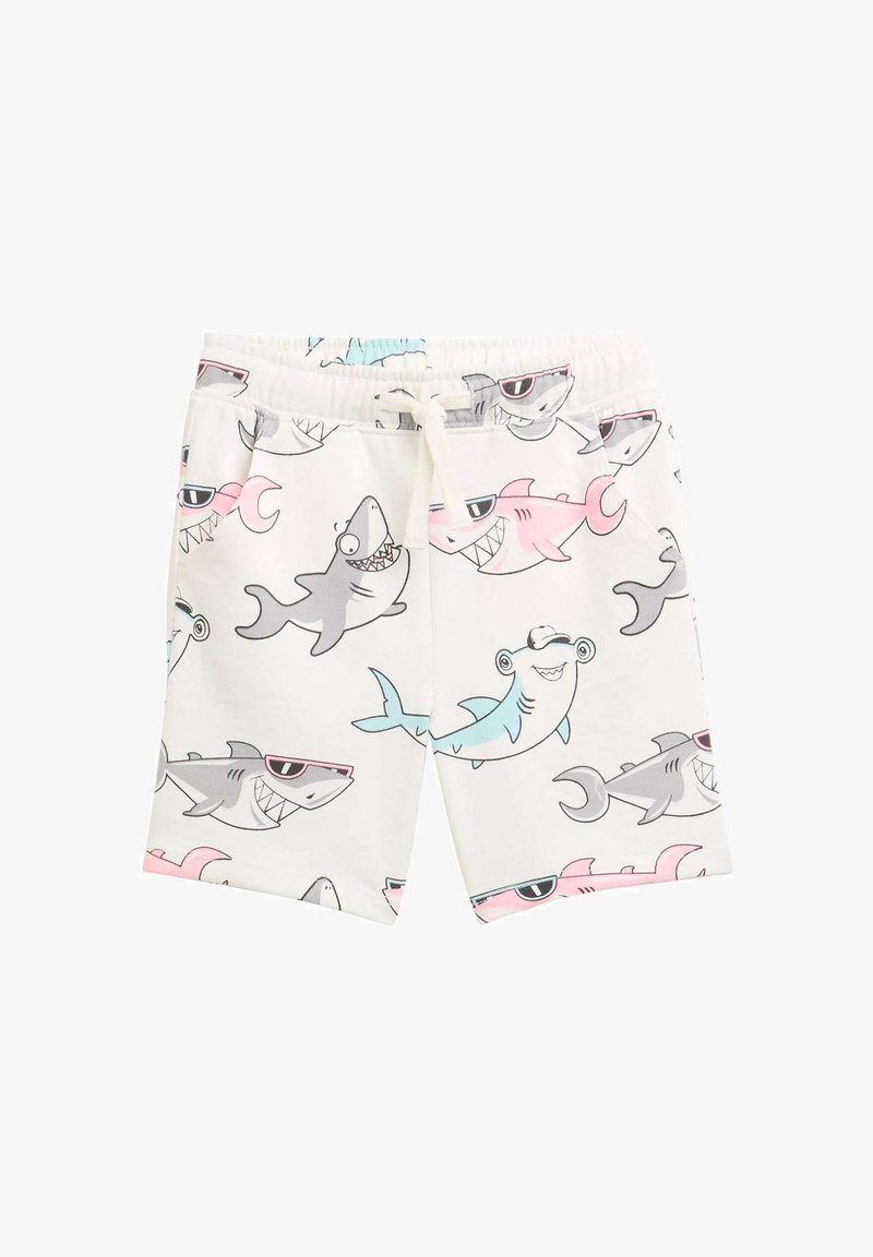 Shark-patterned shorts made of lightweight fabric. Features a drawstring waist, multiple shark designs in gray, pink, and blue on a white background.