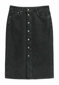 Gonna midi in denim nera con bottoni frontali, due tasche e dettagli di cucitura sottili. Presenta una linea dritta e un design classico.