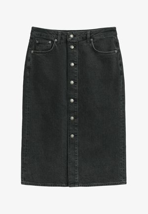 Schwarzer Jeans-Midirock mit durchgehender Knopfleiste, zwei Taschen und dezenten Nähdetails. Verfügt über einen geraden Schnitt und ein klassisches Design.