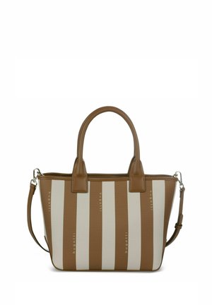 Borsa a righe verticali marroni e beige con doppi manici e tracolla removibile, caratterizzata da un discreto marchio "bugatti" sulle righe.