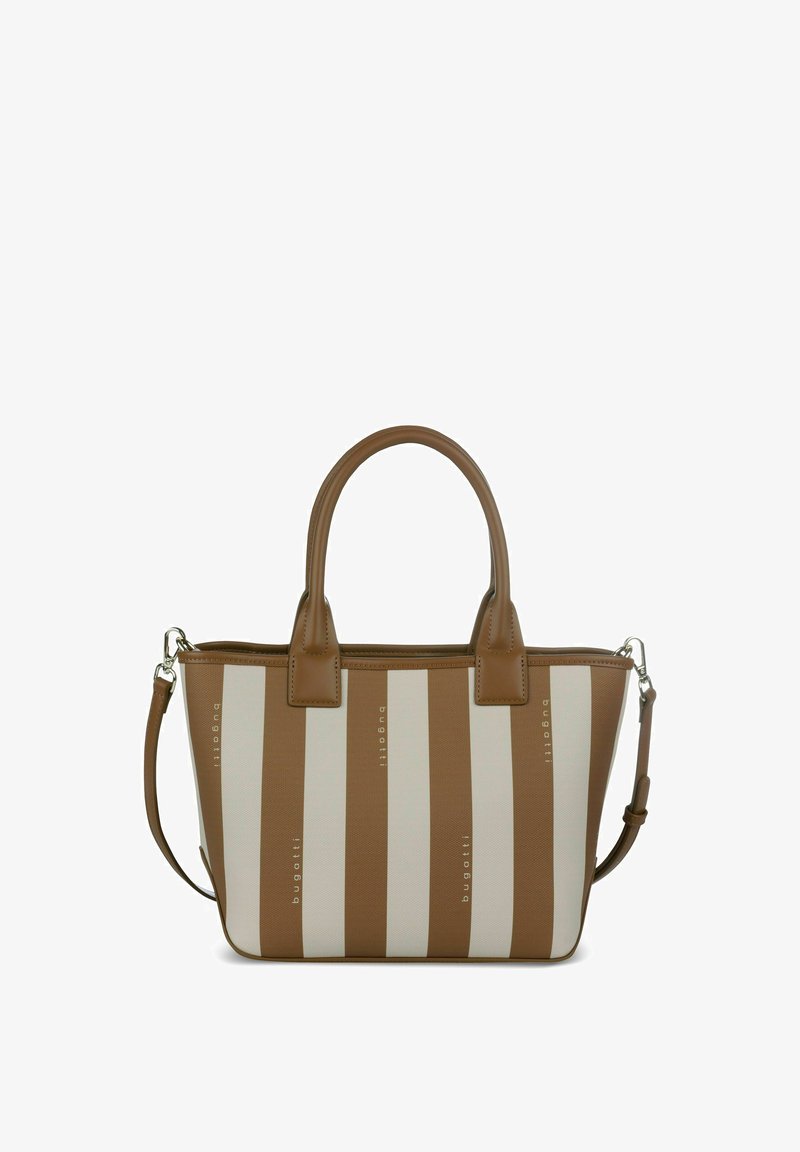 Braune und beige vertikal gestreifte Handtasche mit zwei Griffen und abnehmbarem Schulterriemen, mit dezentem "bugatti"-Logo auf den Streifen.