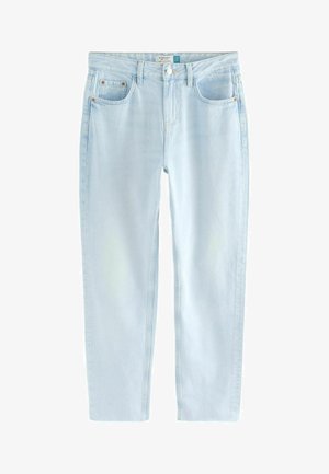 Világoskék, egyenes szabású farmernadrág. Két elülső zsebbel, gombos zárással és finom fakulással rendelkezik a szöveten.