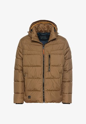 Brown padded jacket with a hood, featuring a zippered front, two side pockets, and a chest pocket with contrasting zippers and accents.