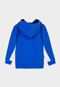 Felpa blu con grande cappuccio, maniche lunghe con dettagli bianchi e orlo a coste. Realizzata in materiale morbido per il massimo comfort. Vista posteriore mostrata.