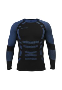 Black long-sleeve athletic shirt with blue accents, featuring textured patterns and a fitted design for enhanced mobility.