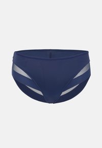 Bas de bikini bleu marine avec panneaux en mesh semi-transparents sur les côtés, sur fond clair uni.