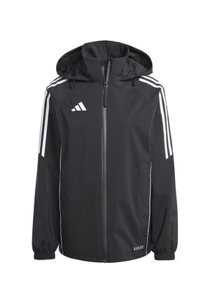 Schwarze Zip-Jacke mit Kapuze, ausgestattet mit weißen Streifen an den Ärmeln und dem Text "RAIN.RDY" am Saum, gefertigt aus wasserabweisendem Material.