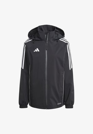 Schwarze Zip-Jacke mit Kapuze, ausgestattet mit weißen Streifen an den Ärmeln und dem Text "RAIN.RDY" am Saum, gefertigt aus wasserabweisendem Material.