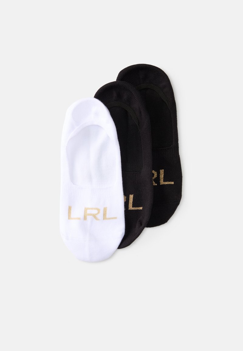 Tri par no-show nogavic v beli in črni barvi, izdelane iz mehke tkanine, z zlatim logotipom "LRL" na vsakem paru.