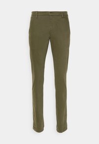 Olivgröna byxor i mjukt tyg, med smal passform, slät front, bälteshällor och raka ben med en slät yta.