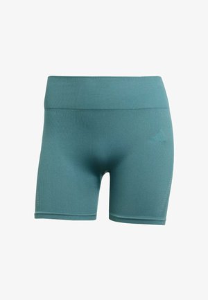 Pantalones cortos deportivos en color verde azulado, hechos de un tejido elástico y suave. Presentan una cinturilla ancha de elastano y un sutil detalle de logo en la parte frontal.