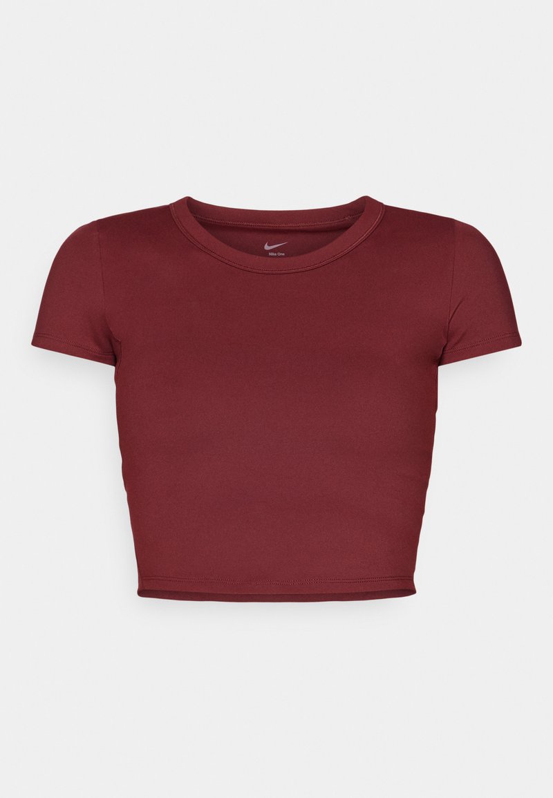 Top corto a maniche corte color bordeaux realizzato in tessuto morbido con scollatura rotonda. Design minimalista, senza loghi o motivi visibili.