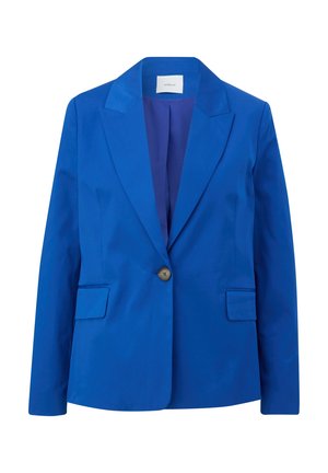 Blazer bleu à un bouton avec revers crantés, poches avant à rabat et doublure intérieure lisse, présenté sur fond blanc.