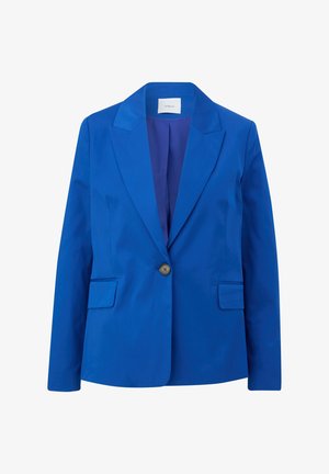 Blauwe blazer met enkele knoop, met inkeping rever, voorflapzakken en een gladde binnenvoering, weergegeven op een witte achtergrond.