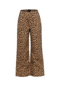 Bruine wijde pantalons met een donker luipaardpatroon en een elastische tailleband.