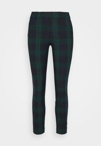 Geruite broek in donkergroen en marineblauw met een slim fit, voorzien van een gedefinieerde tailleband en taps toelopende pijpen, gemaakt van een lichtgewicht, gestructureerde stof.