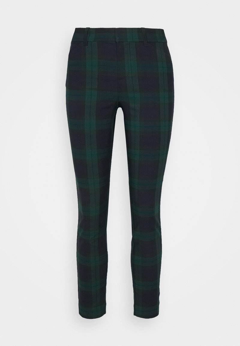 Geruite broek in donkergroen en marineblauw met een slim fit, voorzien van een gedefinieerde tailleband en taps toelopende pijpen, gemaakt van een lichtgewicht, gestructureerde stof.