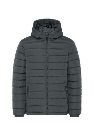 Dark gray quilted puffer jacket with hood, front zipper, and two zippered side pockets, elastic cuffs, and horizontal stitching.