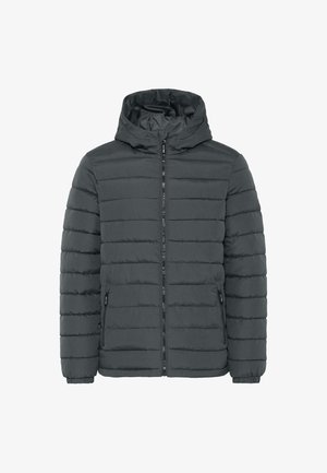 Chaqueta de abrigo acolchada en gris oscuro con capucha, cierre delantero, dos bolsillos laterales con cremallera, puños elásticos y costuras horizontales.