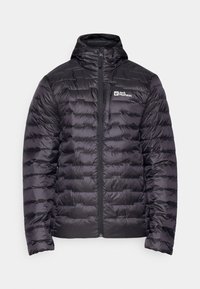 Black puffer jacket with a high collar, featuring a full front zipper and quilted design. Embroidered logo on the left chest. Smooth texture.