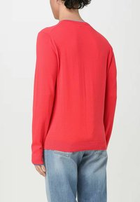 Maglione rosso a maniche lunghe con scollatura rotonda, polsini e orlo a coste, realizzato in un morbido materiale a maglia, visto da dietro.