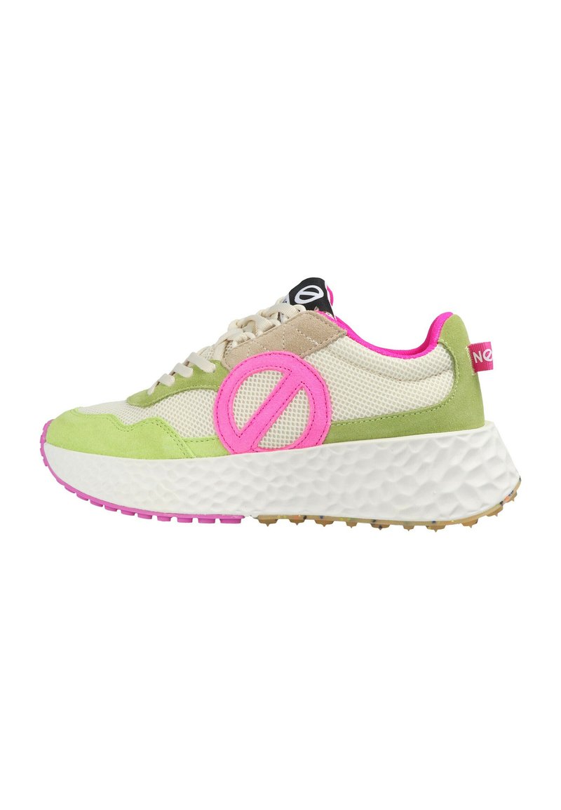 Shoe featuring a mix of cream mesh and green suede, pink accents, oversized pink logo, textured white sole, and textured outsole.