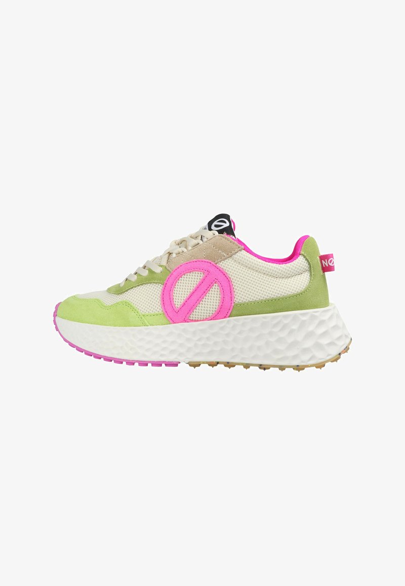 Shoe featuring a mix of cream mesh and green suede, pink accents, oversized pink logo, textured white sole, and textured outsole.