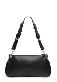 Borsa a spalla in pelle nera con una texture liscia, dotata di spallacci regolabili e hardware in acciaio inox. Design semplice e rettangolare.
