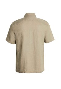 Beige linskjorte med korte ærmer vist bagfra med klassisk krave og lige kant.