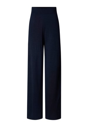 Marineblauwe wijde broek met een hoge taille en gladde stof, weergegeven tegen een witte achtergrond.