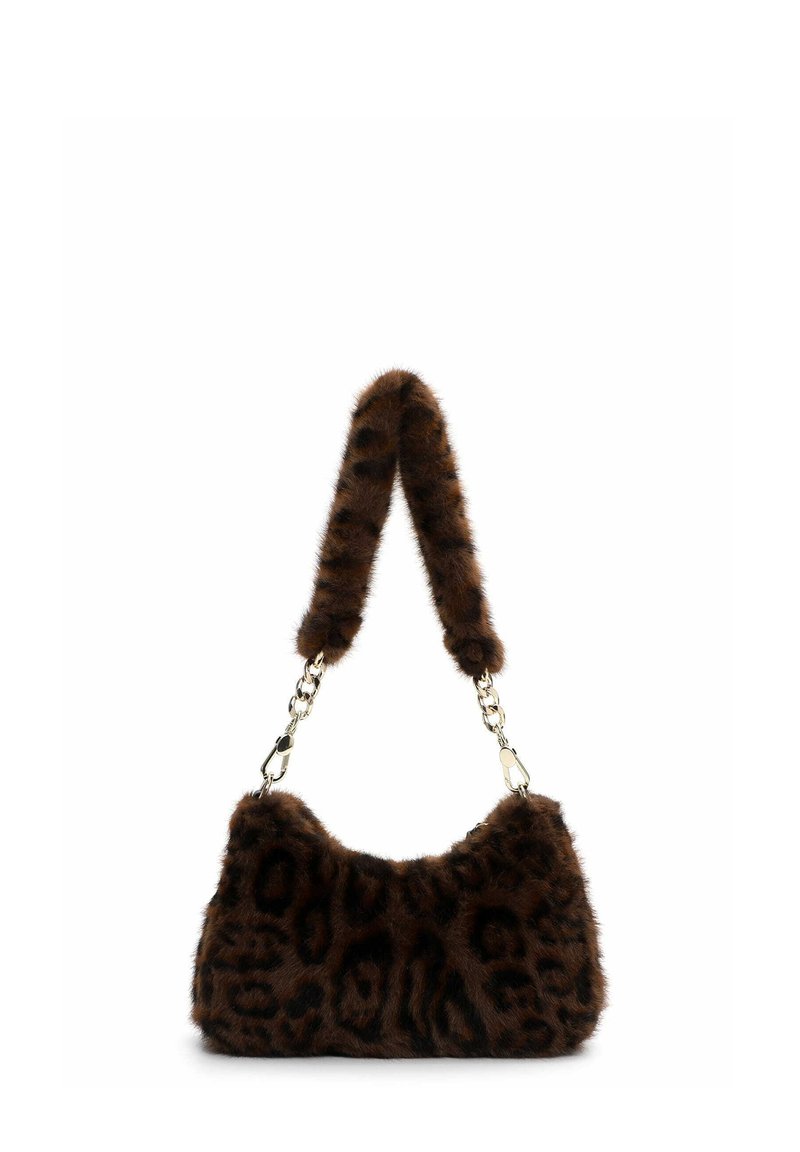 Brązowa torebka z futra sztucznego z printem w panterkę, z wyściełanym futrzanym paskiem na ramię i złotymi łańcuchami.