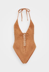 Brown suede one-piece swimsuit with a deep V-neck, front lace-up design, and textured horizontal stripes at the waist.