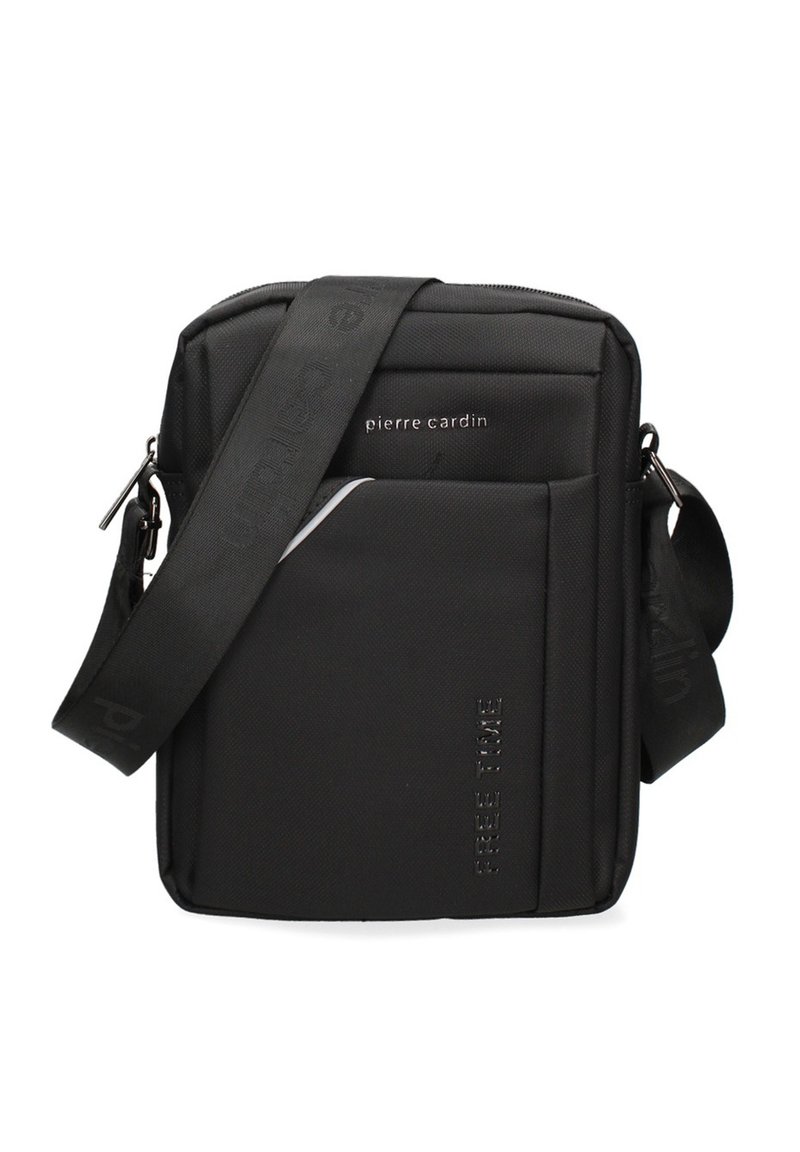 Borsa a spalla nera con una finitura testurizzata, dotata di tasca frontale, tracolla regolabile e dettagli del logo argentati. Forma rettangolare compatta.