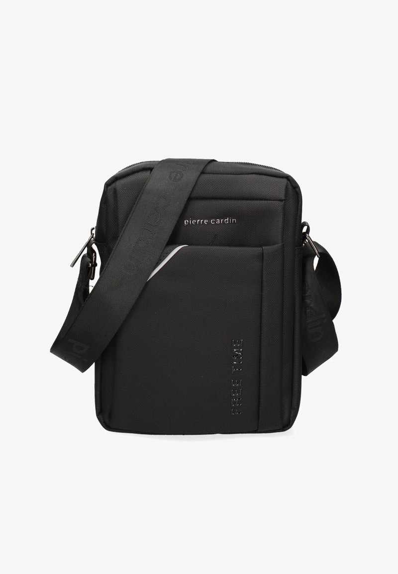 Borsa a spalla nera con una finitura testurizzata, dotata di tasca frontale, tracolla regolabile e dettagli del logo argentati. Forma rettangolare compatta.