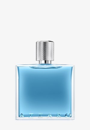 Rektangulær glasparfume flaske med lyseblå væske og struktureret sølv låg, mærket AZZARO nederst foran.