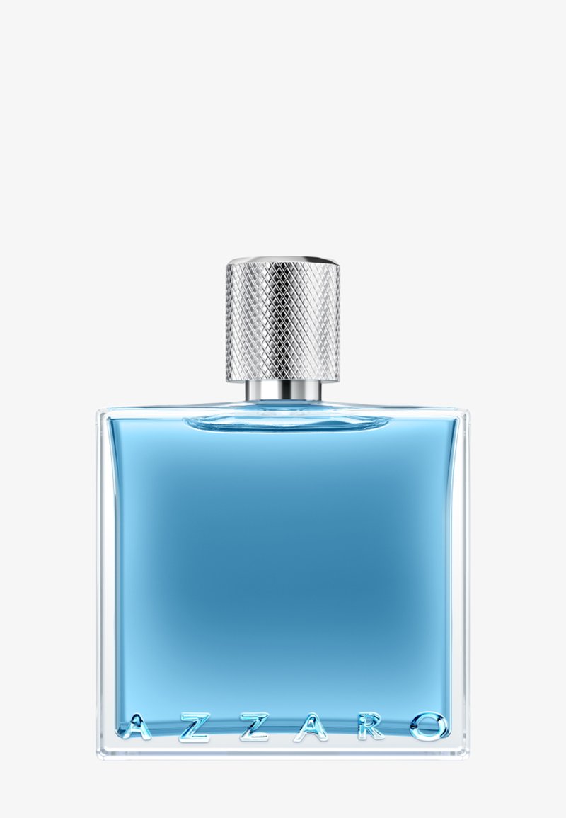 Flacon de parfum rectangulaire en verre avec liquide bleu clair et bouchon argenté texturé, étiqueté AZZARO en bas à l'avant.