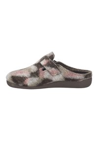Filt slip-on træsko i et brunt, beige og pink camouflagemønster med en lav profil, struktureret form og en tekstureret, robust ydersål.
