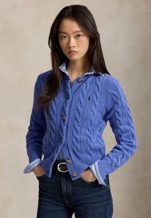 Femme aux longs cheveux foncés portant un cardigan bleu torsadé sur une chemise rayée à col et un jean foncé, debout les mains dans les poches.
