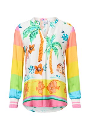 Bunte Seidenbluse mit V-Ausschnitt, langen Ärmeln mit elastischen Bündchen und tropischen Drucken von Palmen, Blumen und Fischen auf einem gestreiften Hintergrund.