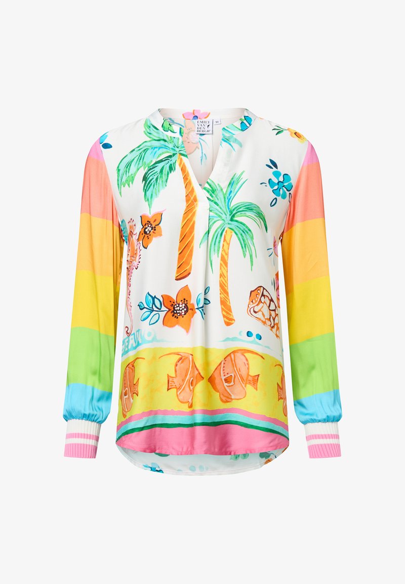 Kleurrijke zijden blouse met een V-hals, lange mouwen met elastische manchetten en tropische prints van palmbomen, bloemen en vissen op een gestreepte achtergrond.