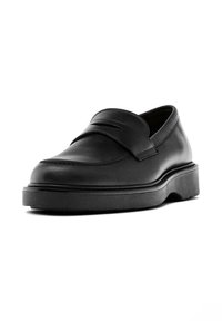 Black leather loafer with a smooth finish, round toe, low platform sole, and a decorative strap across the vamp for added detail.