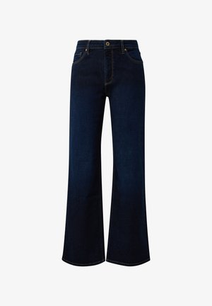 Donkerblauwe wide jeans van denim, met een hoge taille, vijf-pocket ontwerp en contrasterende stiksels, met een gladde textuur.