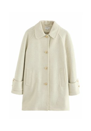 Manteau en laine mélangée crème avec un motif en chevrons, large col, boutons dorés sur le devant et sur les poignets, et poches fendue sur les côtés.