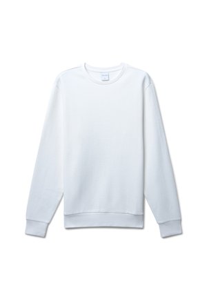 Weißer Langarmpullover aus strukturiertem Stoff, mit geripptem Kragen und Bündchen sowie einem geraden Saum mit verstärkten Nähten.